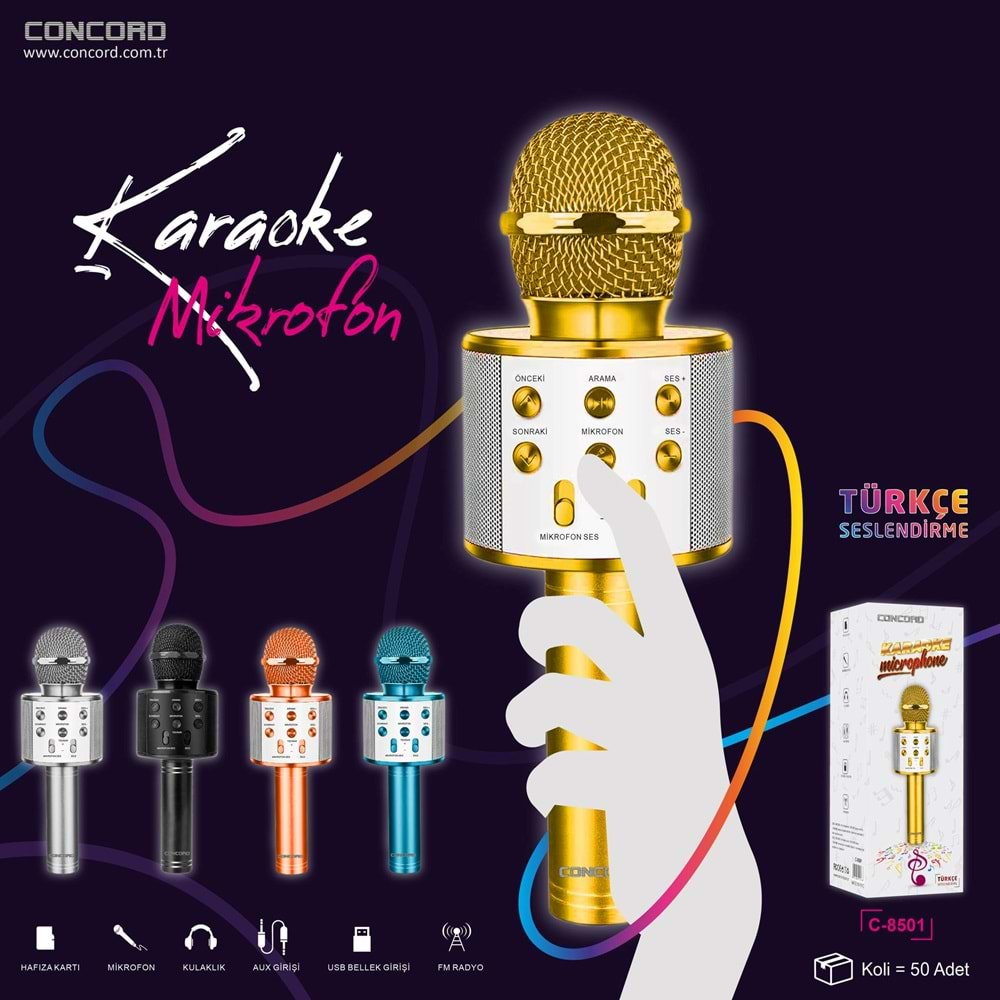 CONCORD C-8501 BT/TF/USB TÜRKÇE KONUŞMA ÖZELLİKLİ KARAOKE MİKROFON