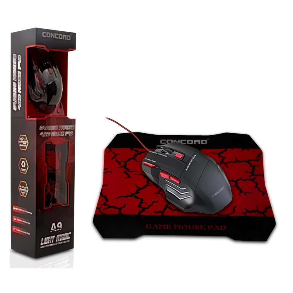 CONCORD A-9 GAMİNG 3200DPİ LEDLİ IŞIKLI OYUNCU MOUSE VE MOUSE PAD