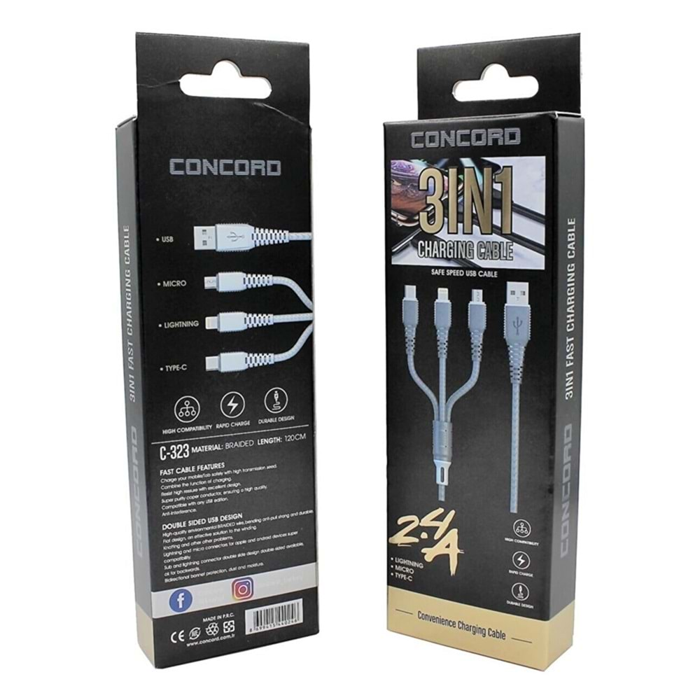 Concord C-323 1.2METRE 3 in 1 Micro / Lighting / Type-C KABLO