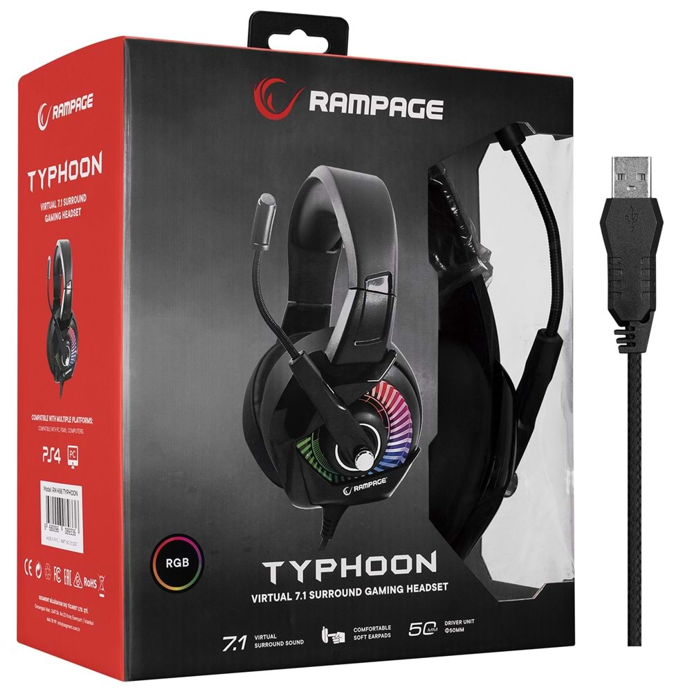 Rampage RM-K66 TYPHOON Siyah USB 7.1 Version RGB Ledli Gaming Oyuncu Mikrofonlu Kulaklık