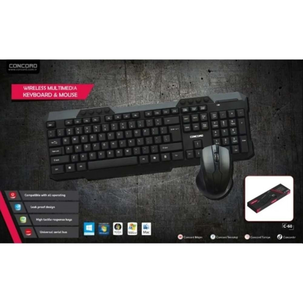 CONCORD C-60 MULTİMEDYA WİRELESS KABLOSUZ KLAVYE + MOUSE SET