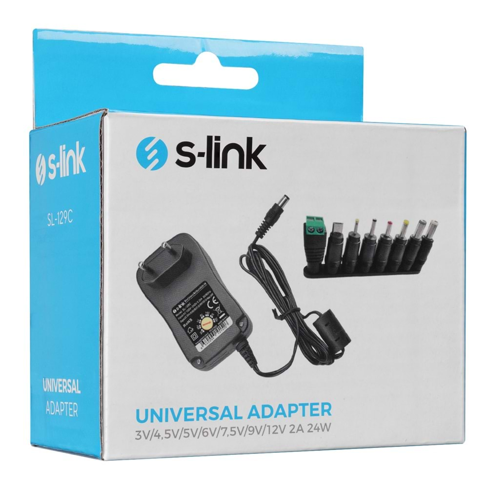 S-link SL-129C 3V/4.5V/5V/6V/7.5V/9V/12V 2A 24W (5.5*2.1) Üniversal 8 Uçlu Adaptör