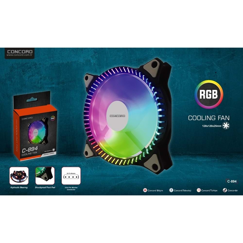 Concord C-894 RGB Gökkuşağı Renkli 12cm Soğutucu Fan