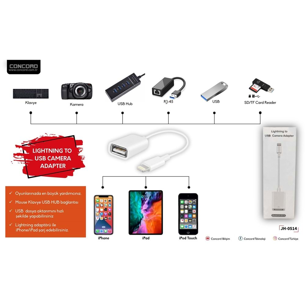 CONCORD JH-0514 İPHONE OTG İPHONE TO USB ÇEVİRİCİ FLASH BELLEK DESTEKLİ