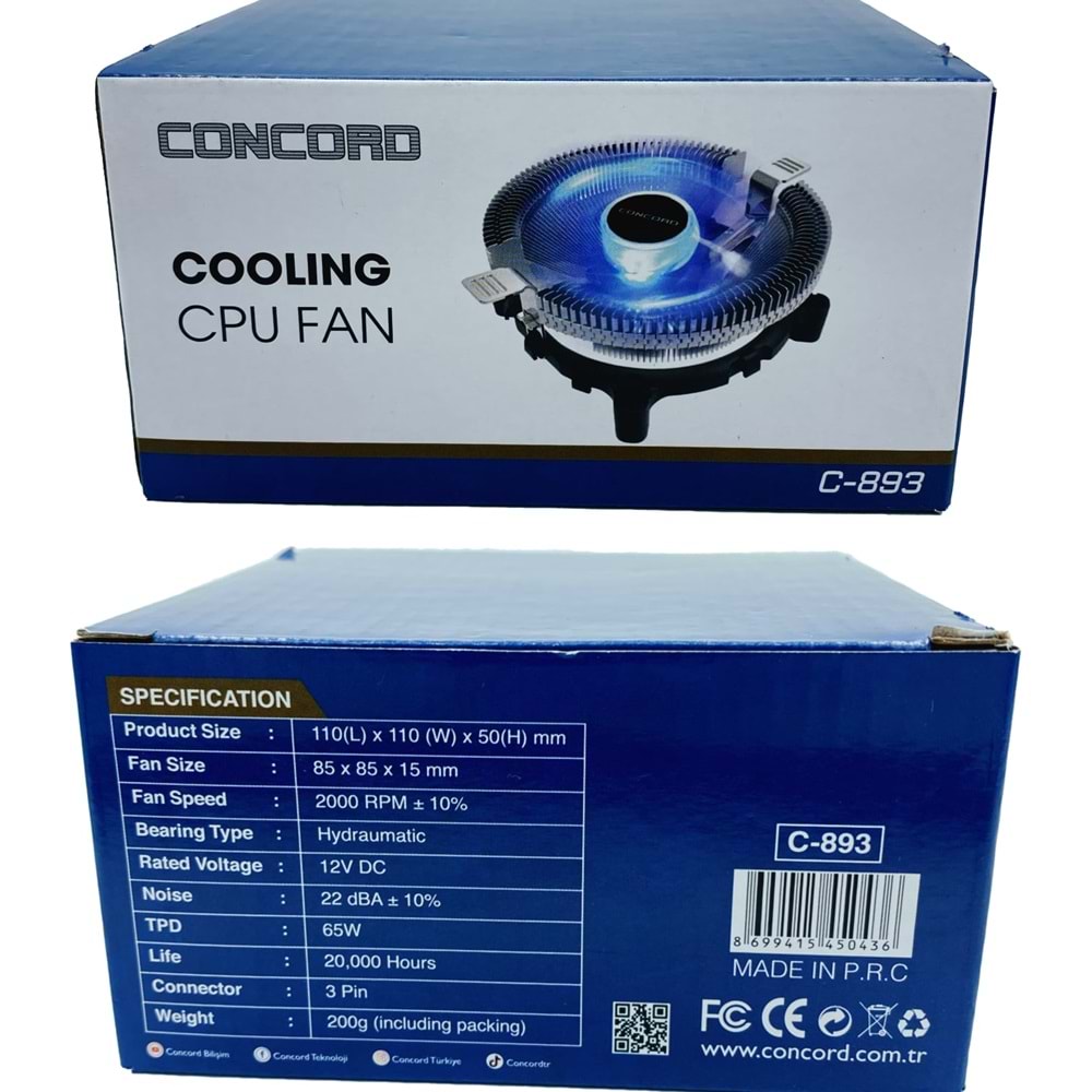 CONCORD C-893 AMD İNTEL COMBO ÜNİVERSAL LEDLİ IŞIKLI İŞLEMCİ FANI