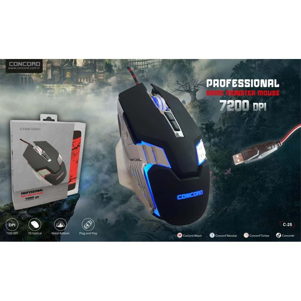 CONCORD C-25 MOUSE PAD HEDİYELİ 7200DPI RGB IŞIKLI GAMİNG MOUSE