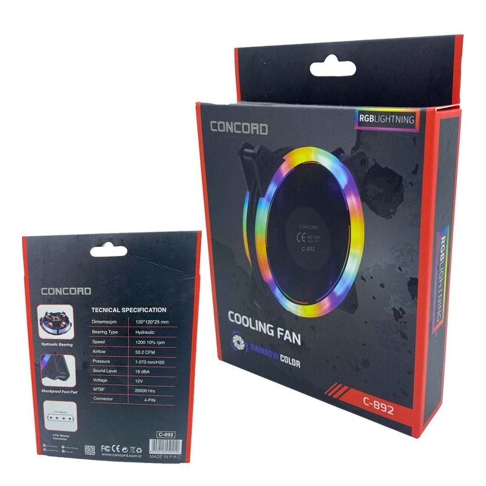 Concord C-892 RGB Rainbow Color Gökkuşağı Renkli 12CM Soğutucu Fan