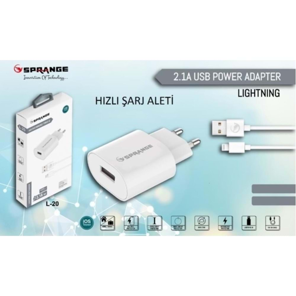 SPRANGE L-20 5V2.1A 10.5W İPHONE LİGHTNİNG ŞARJ ALETİ TAKIM