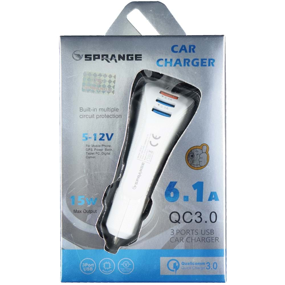 SPRANGE SCS-2 ARAÇ İÇİ 3 PORT USB 5V12V 6.1A 15W HIZLI ŞARJ ARAÇ ÇAKMAKLIK