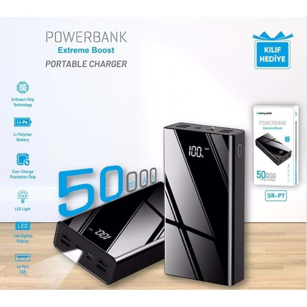 SPRANGE SR-P7 GÖSTERGELİ 4 USB 50000MAH TYPE-C MİCRO A+ SMART CHİP TECHNOLOGY POWERBANK