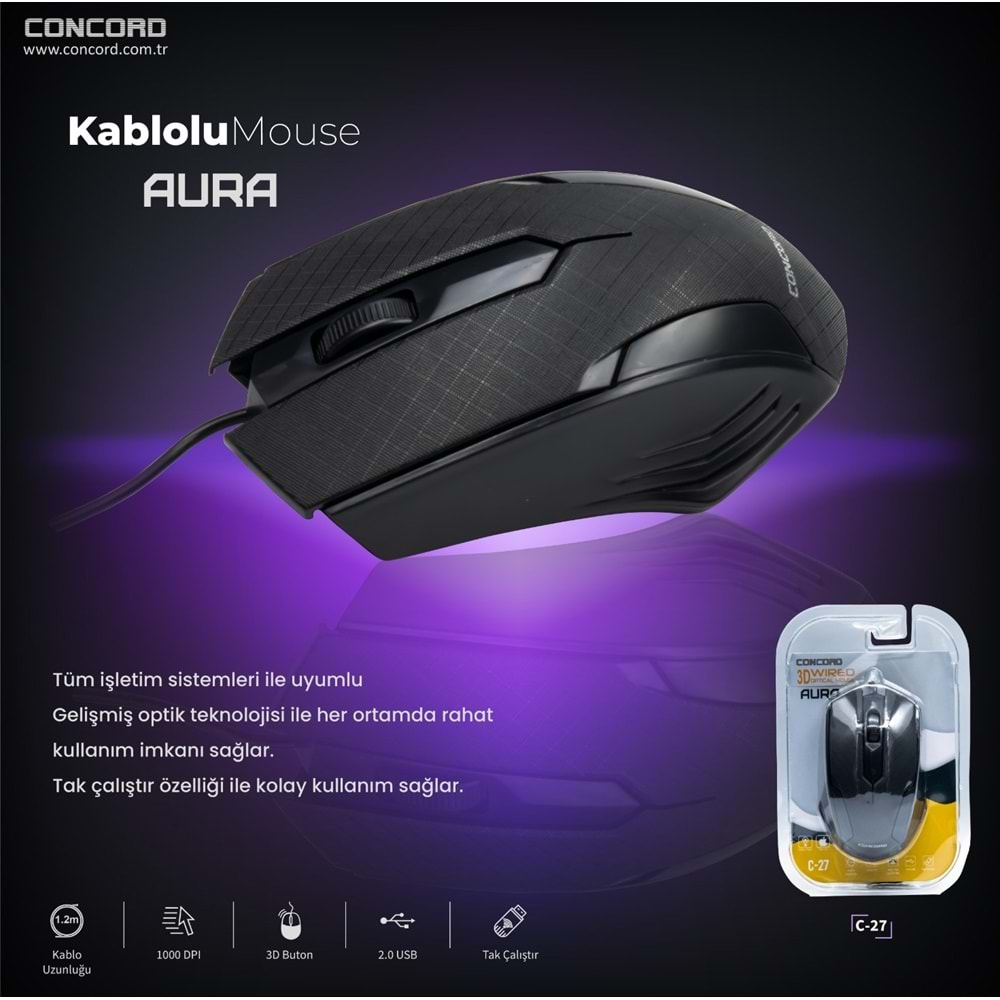 CONCORD C-27 AURA USB KABLOLU MOUSE 120CM 1000DPİ