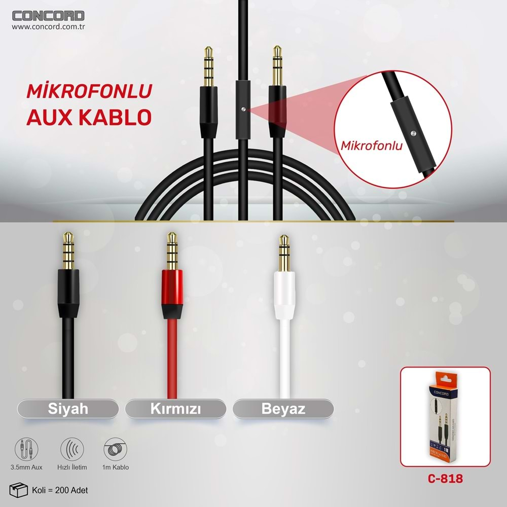 CONCORD C-818 MİKROFONLU AUX KABLO 1M 3.5MM STEREO KABLO