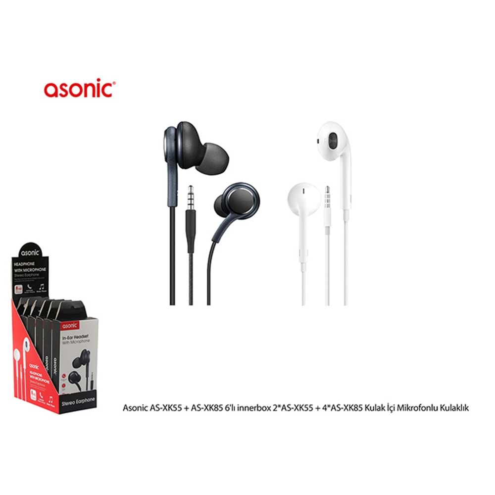 Asonic AS-XK55 + AS-XK85 6'lı innerbox 2*AS-XK55 + 4*AS-XK85 Standlı Kulak İçi Mikrofonlu Kulaklık