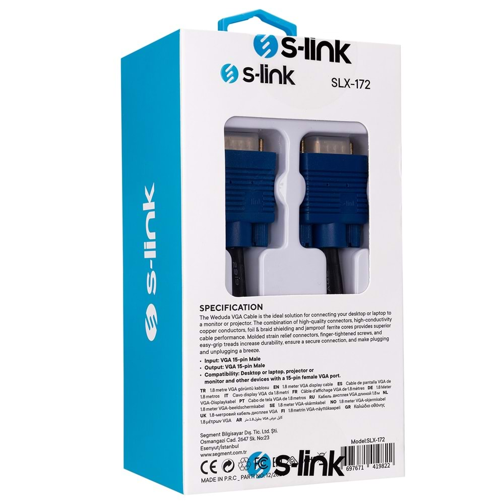 S-link SLX-172 1.8M VGA KABLO M/M Monitör Kablosu 24K GOLD