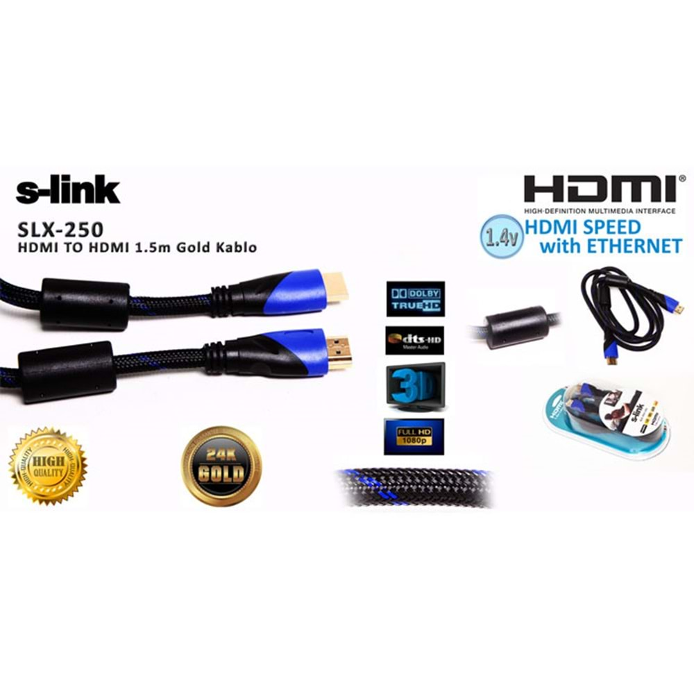 S-link SLX-250 1.5M HDMI TO HDMİ KABLO Altın Uçlu 24K + Kor.Kılıf 1.4 Ver. 3D Kablo