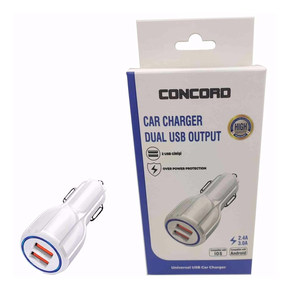 CONCORD C-767 QC FAST HIZLI 2.4A 3A ÇİFT USB ÇAKMAKLIK ARAÇ ŞARJ KAFA