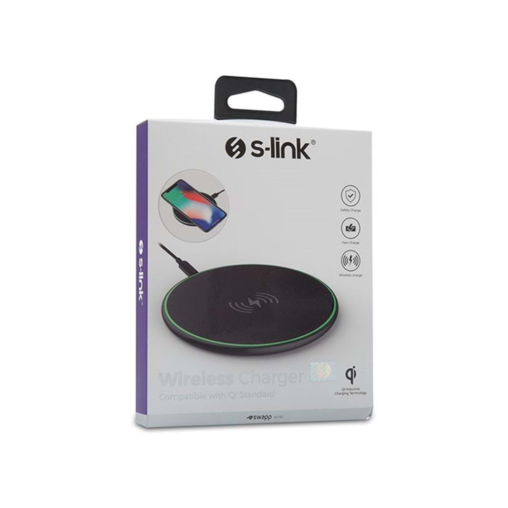 S-Link Swapp SW-CWF80 QI Sertifikalı 10W 5V/2A- 9V/1.1A Fast Hızlı Şarj Siyah Kablosuz Şarj Cihazı