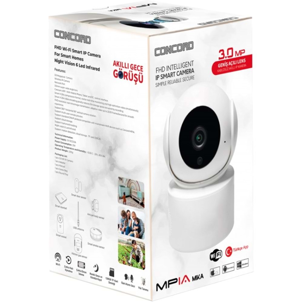 CONCORD MPİA MİKA 3MP İP WİFİ FULL HD 10 LED GECE GÖRÜŞLÜ HAREKETLİ KAMERA