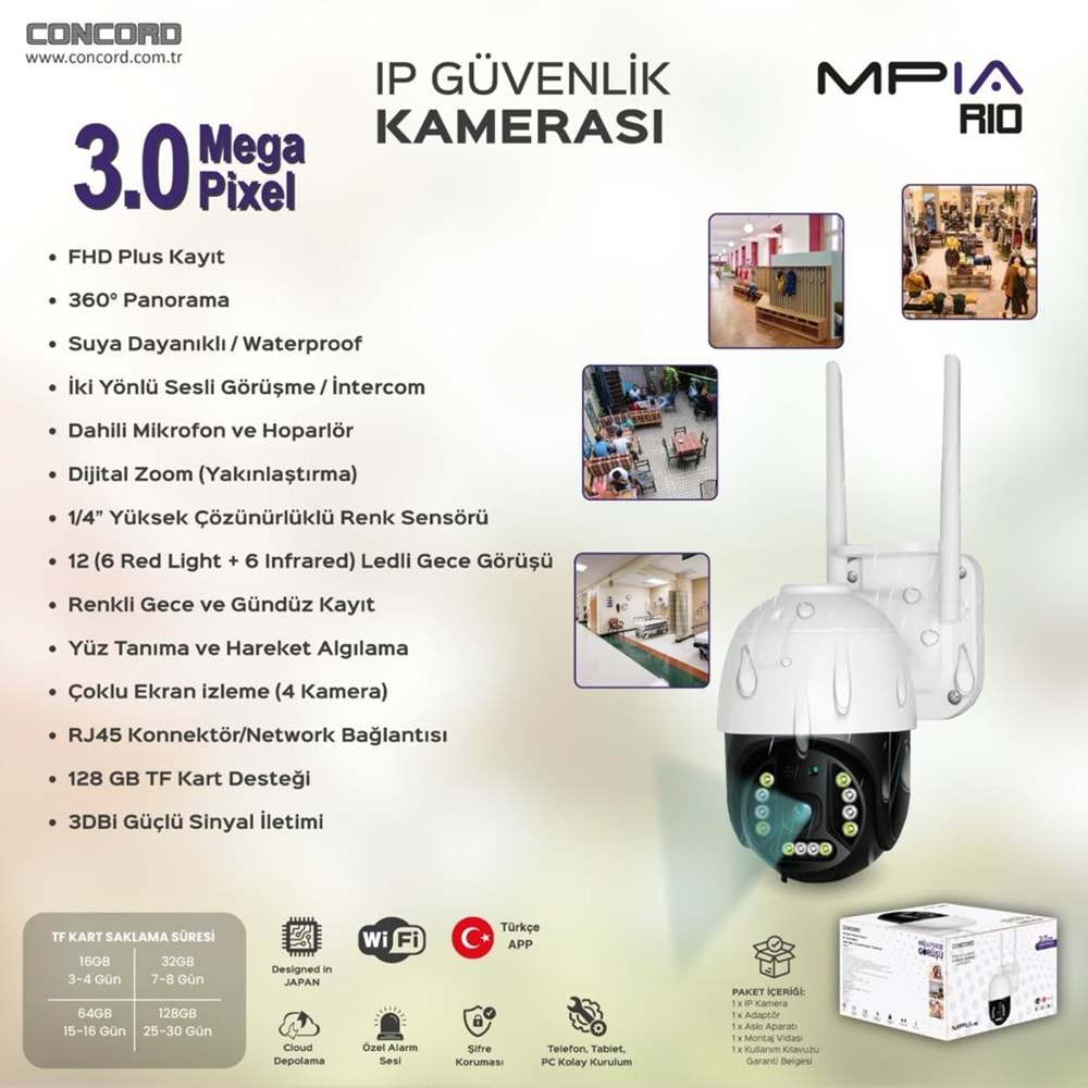 CONCORD MPİA RİO 3MP İP WİFİ FULL HD SUYA DAYANIKLI 12 LED GECE GÖRÜŞLÜ 2 ANTENLİ HAREKETLİ KAMERA