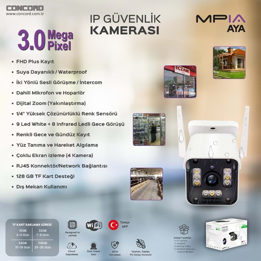 CONCORD MPİA AYA 3MP İP WİFİ FULL HD SUYA DAYANIKLI 9 LED GECE GÖRÜŞLÜ 2 ANTENLİ KAMERA