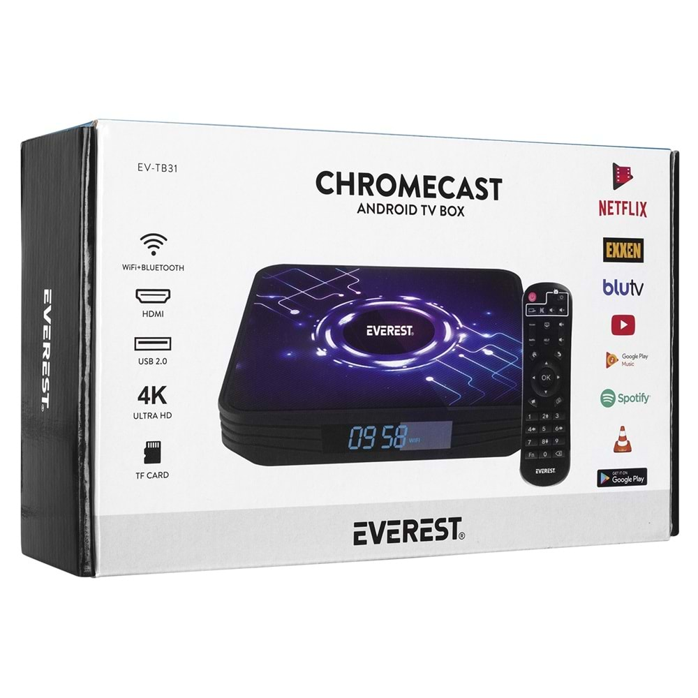 Everest EV-TB31 Amlogic 905X3 Işlemci 4G RAM+32G Dahılı Hafızası Wifi+Bluetooth+A55 CPU 64-bit quad +Kumandalı TV Box