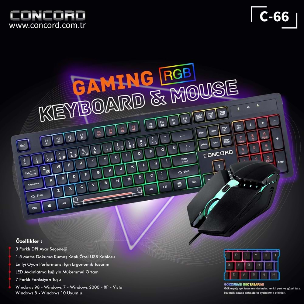 CONCORD C-66 GAMİNG IŞIKLI KABLOLU TÜRKÇE Q KLAVYE + MOUSE SET