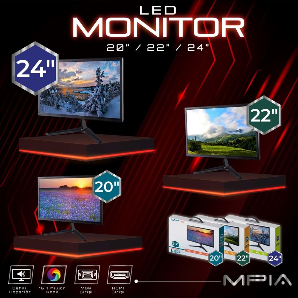 MPİA MP-22 LED MONİTÖR 22inç 1600*900 HD 5MS 60HZ HDMI + VGA HD Monitör