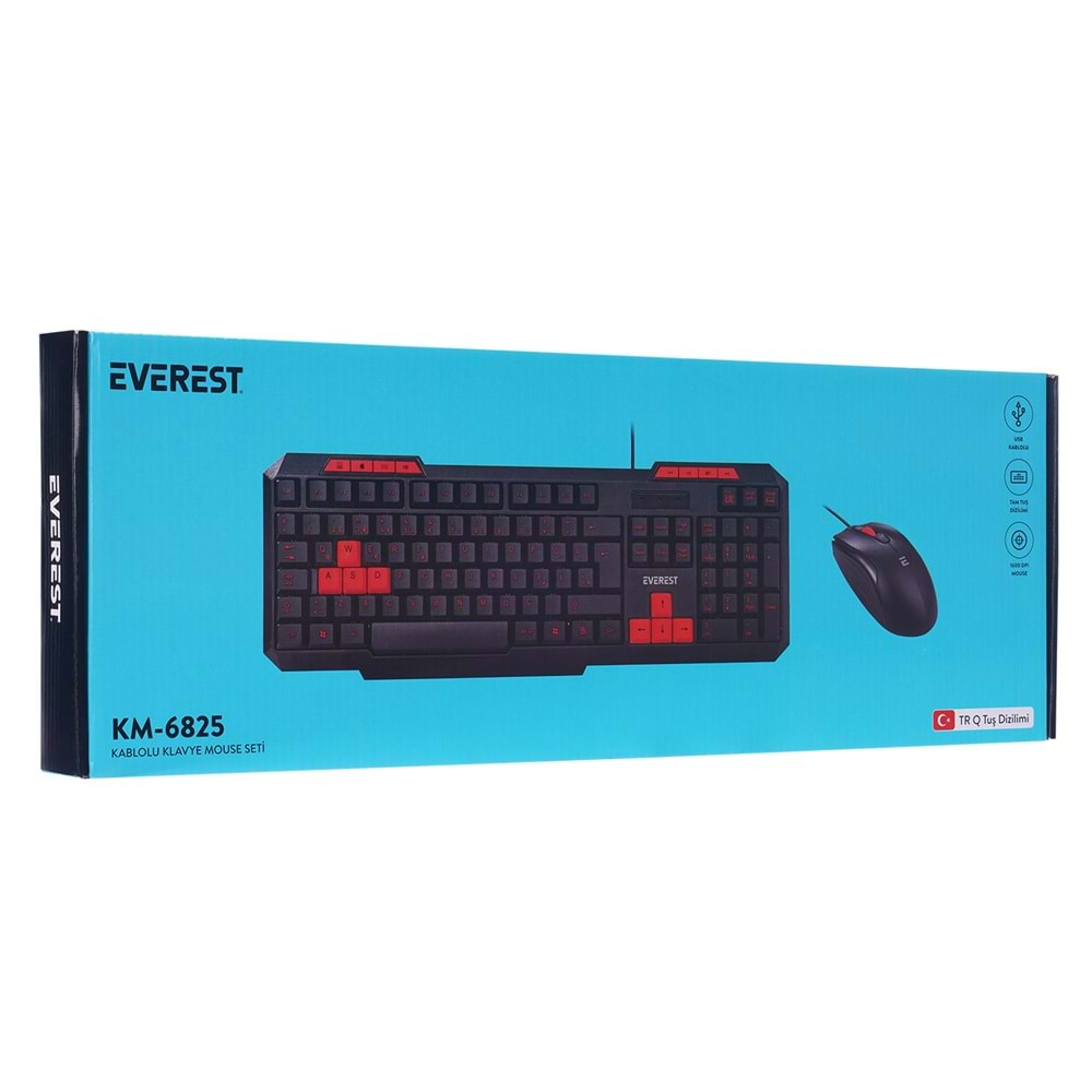 Everest KM-6825 Siyah Usb Kırmızı Tuşlu Türkçe Multimedia Klavye + Mouse Set