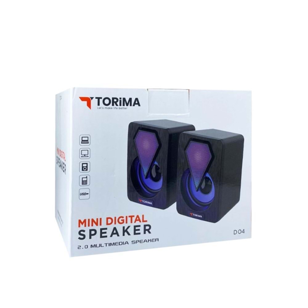 Torima D04 Işıklı Bilgisayar Hoparlörü 2.0 Ses Sistemi 3.5mm Jack Girişli Multimedia Usb Speaker D-04
