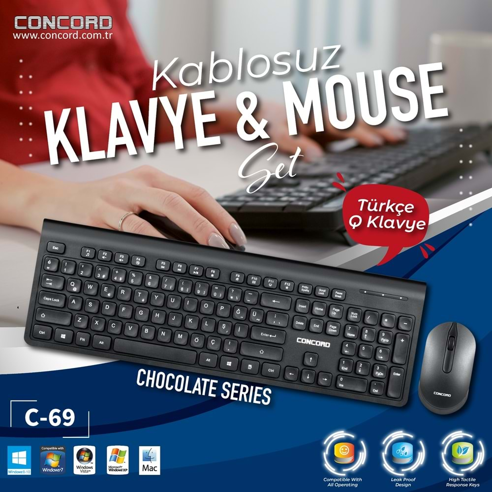 CONCORD C-69 ERGONOMİK DİZAYN İNCE HAFİF KABLOSUZ KLAVYE + MOUSE SET