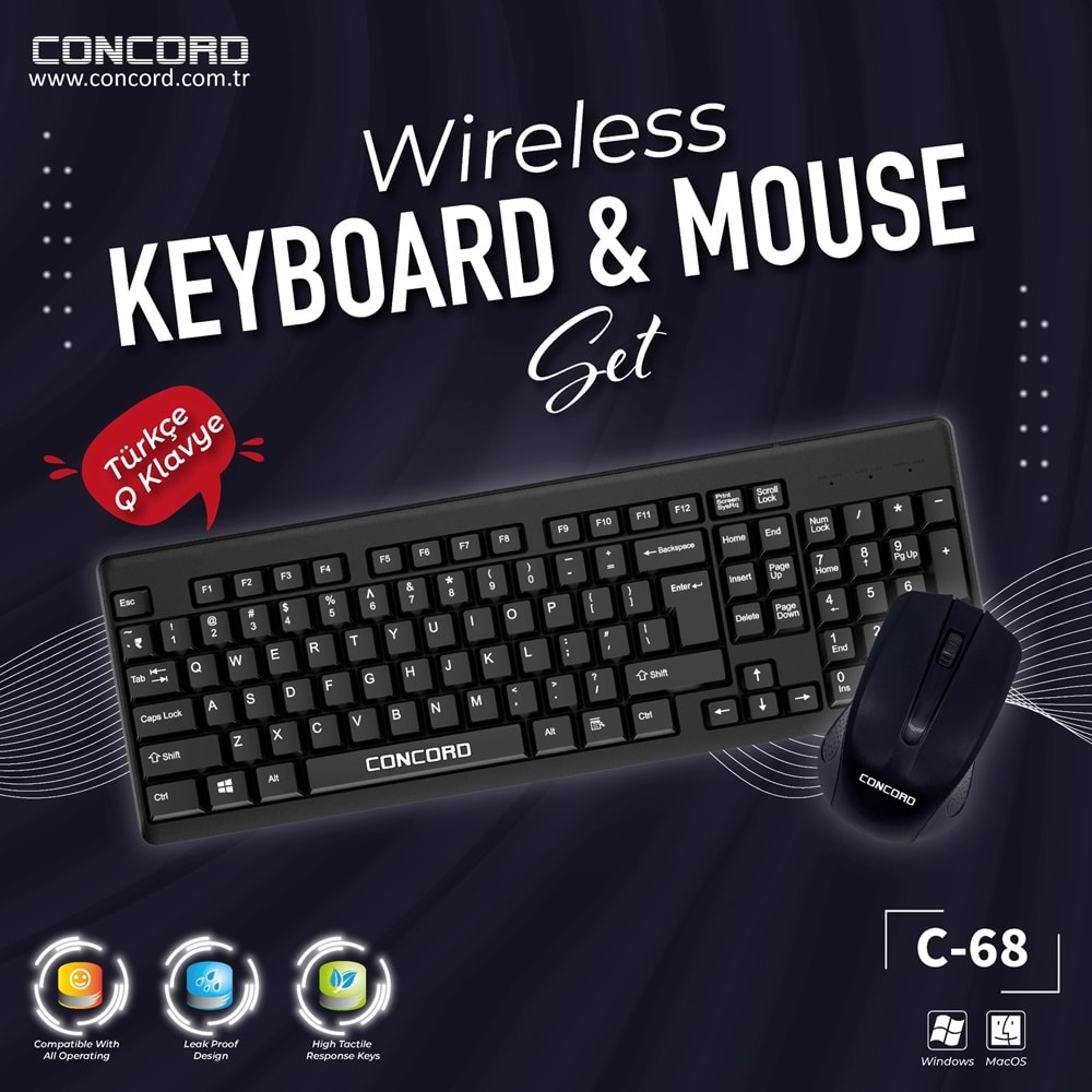 CONCORD C-68 ERGONOMİK DİZAYN KABLOSUZ KLAVYE + MOUSE SET