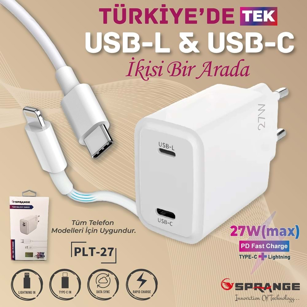 SPRANGE PLT-27 TYPE-C + LİGHTNİNG YENİ NESİL PD 27W 3A ŞARJ ALETİ TAKIM