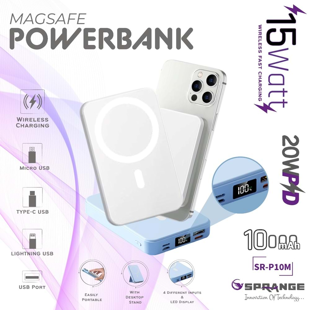 SPRANGE SR-P10M MAGSAFE WİRELESS 10000MAH 15W HIZLI ŞARJ 20W PD GÖSTERGELİ POWERBANK