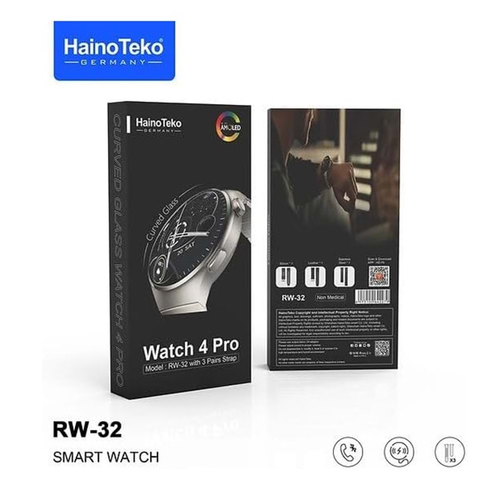 TELSAN RW-32 Watch 4 Pro Plus Amoled Ekran Akıllı Saat Deri+Metal+Silikon Kordon (3 KORDON)