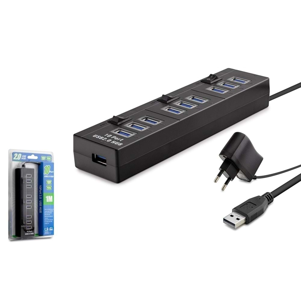 HADRON HDX7005 USB HUB 10 PORT 3 ANAHTARLI 1M KABLO USB ÇOKLAYICI GÜÇ ADAPTÖRLÜ