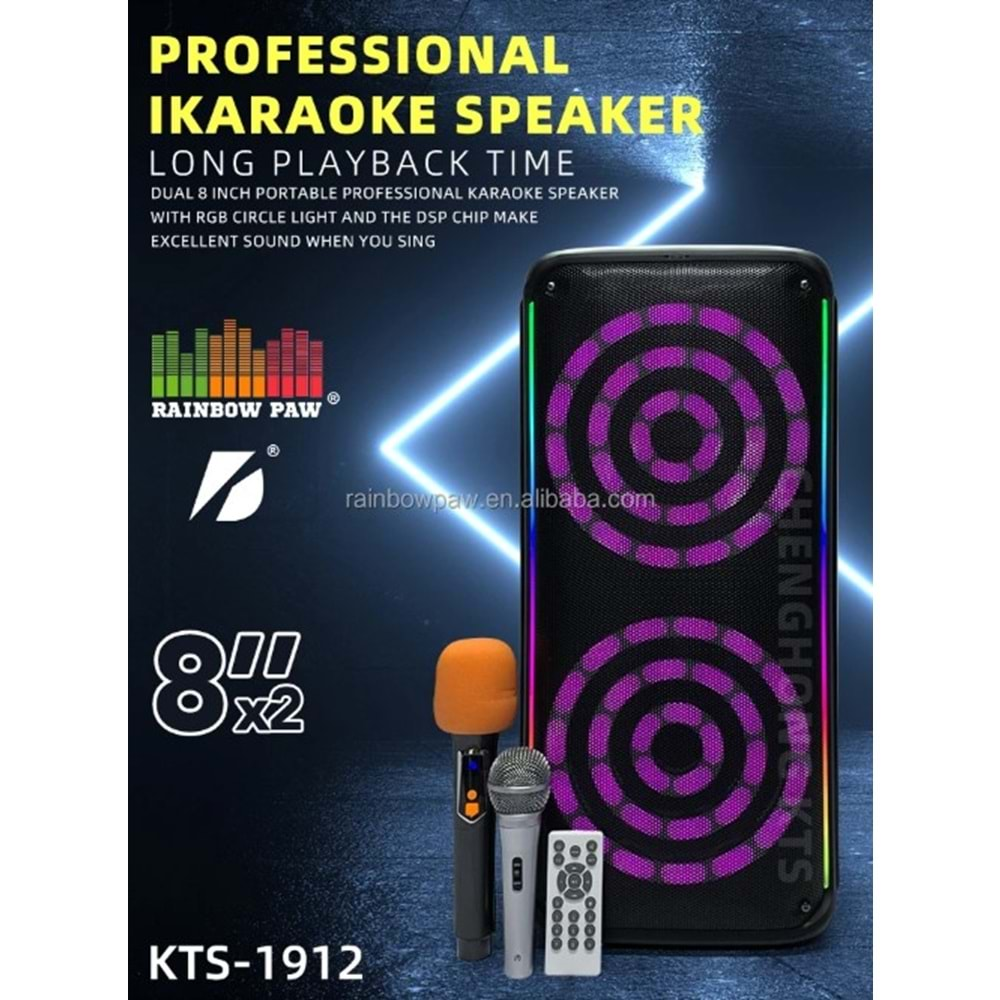 TELSAN KTS-1912 SD/USB/FM 16inc KUMANDALI KABLOSUZ ÇİFT MİKROFONLU BLUETOOTH RGB IŞIKLI MÜZİK KUTUSU