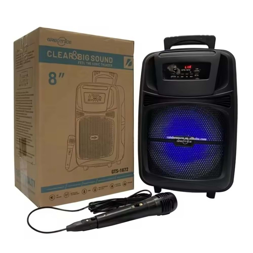 TELSAN GTS-1672 SD/USB/FM 8inc MİKROFONLU RENKLİ BLUETOOTH RGB IŞIKLI MÜZİK KUTUSU