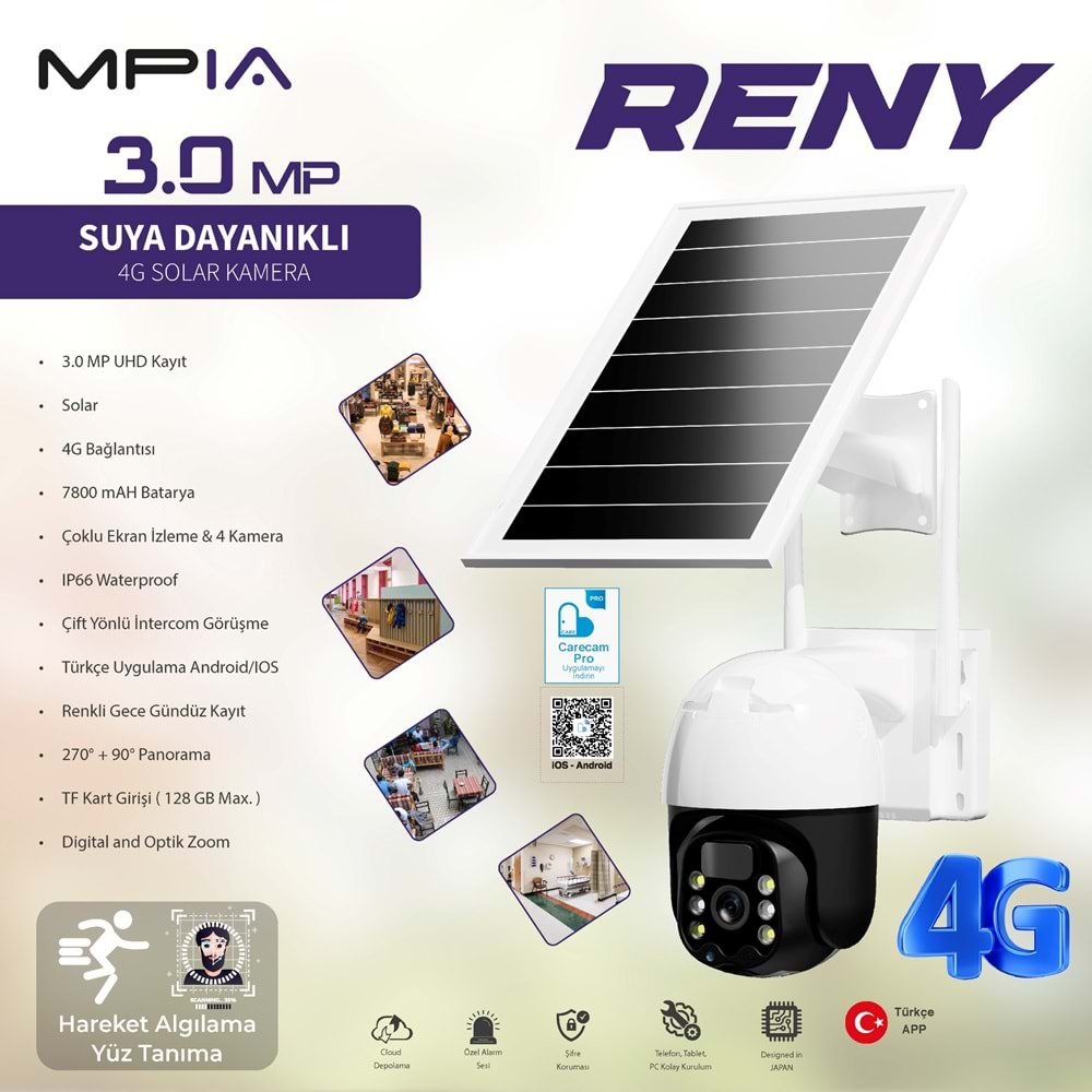 MPİA RENY 4G GÜNEŞ ENERJİLİ 3MP İP WİFİ FULL HD SUYA DAYANIKLI 10 LED GECE GÖRÜŞLÜ 2 ANTENLİ HAREKETLİ KAMERA