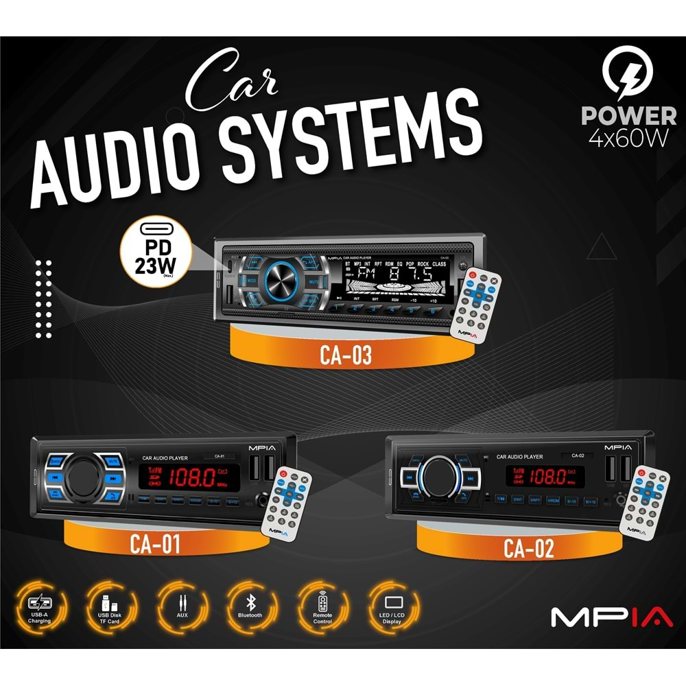 MPİA CA-01 BLUETOOTH/FM/2XUSB/TF/MP3 ÇALAR KUMANDALI OTO TEYP 4X60WATT