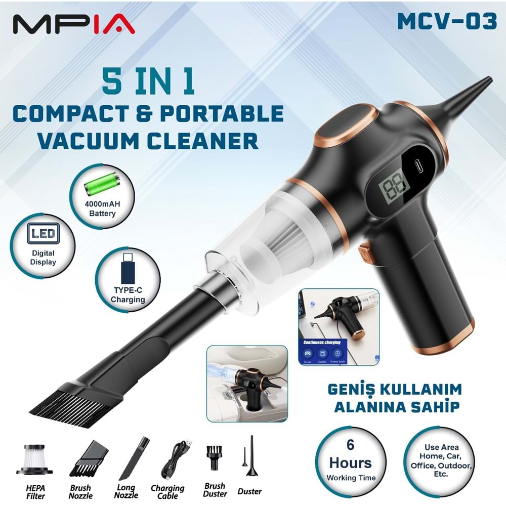 MPİA MCV-03 DİJİTAL GÖSTERGELİ ARAÇ İÇİ KOLTUK EV OFİS ÇOK AMAÇLI ŞARJLI EL SÜPÜRGESİ