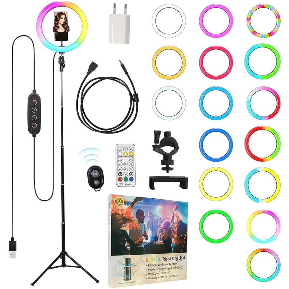 CONCORD SLF-3 RGB Kumandalı 210CM 10inç Youtuber Tiktok Çekim Telefon Tutucu Renkli Ring Light Makyaj Işığı Tripod