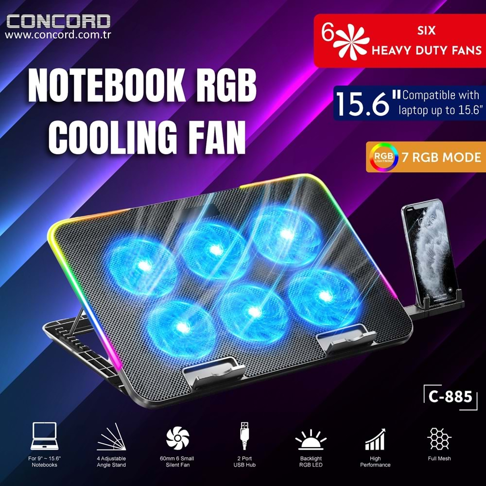 CONCORD C-885 TELEFON TUTACAKLI 6 FANLI KADEMELİ STANDLI NOTEBOOK SOĞUTUCU LEDLİ IŞIKLI