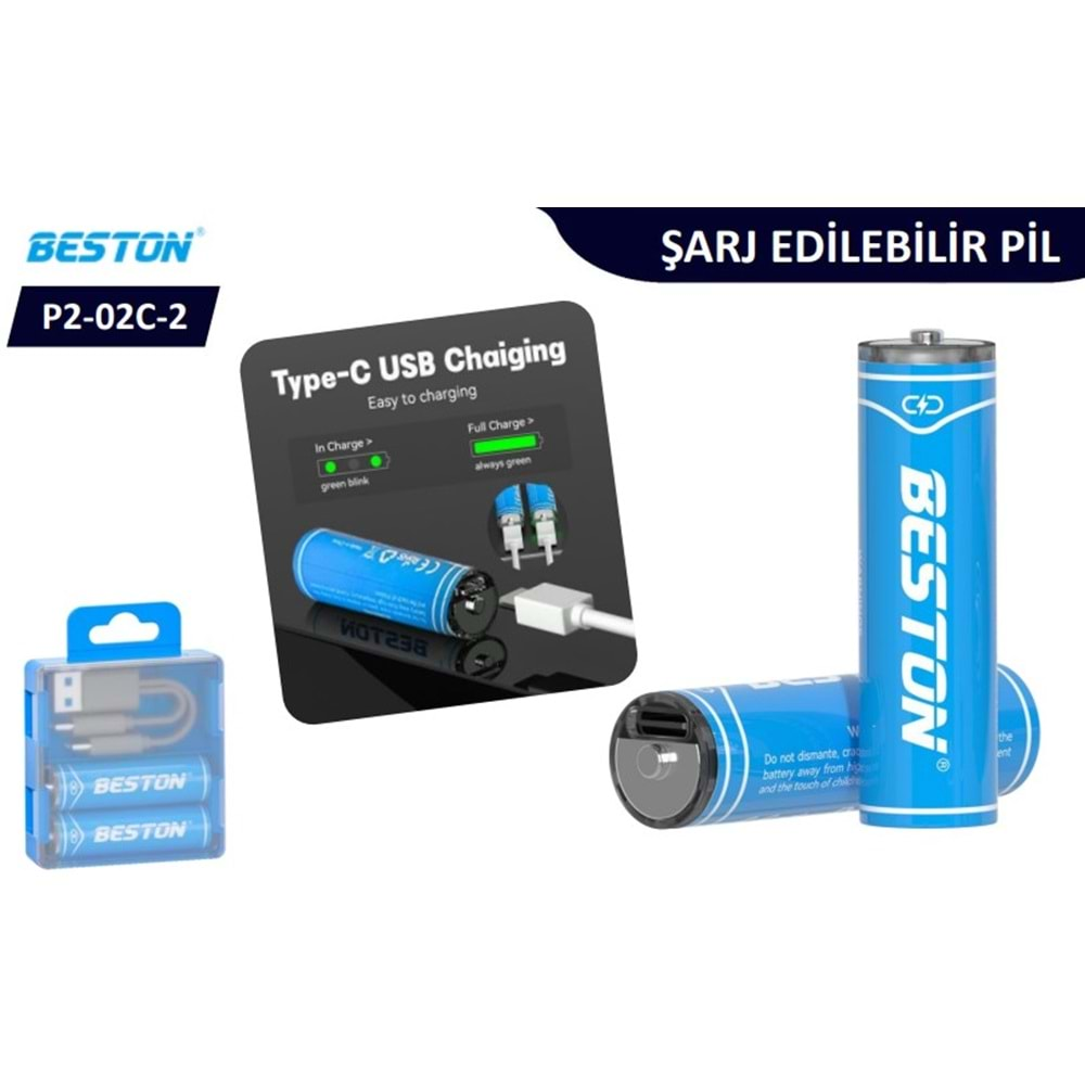 Beston Pil P2-02C-AA Şarj Edilebilir 2'Li 1.5V AA Usb Type-C Şarj Kablolu Kalın Pil