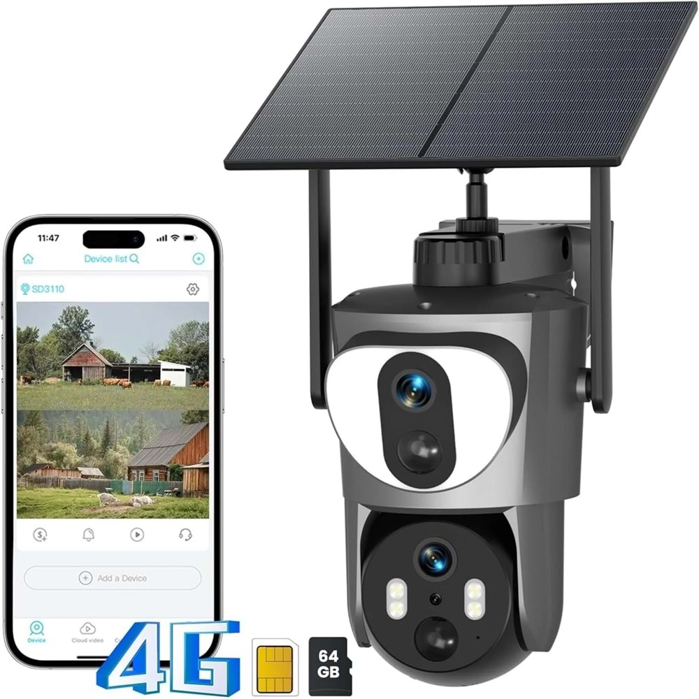 MPİA SD-210 4G GÜNEŞ ENERJİLİ ÇİFT KAMERA 3+3MP İP FULL HD SUYA DAYANIKLI 10 LED GECE GÖRÜŞLÜ 2 ANTENLİ HAREKETLİ KAMERA