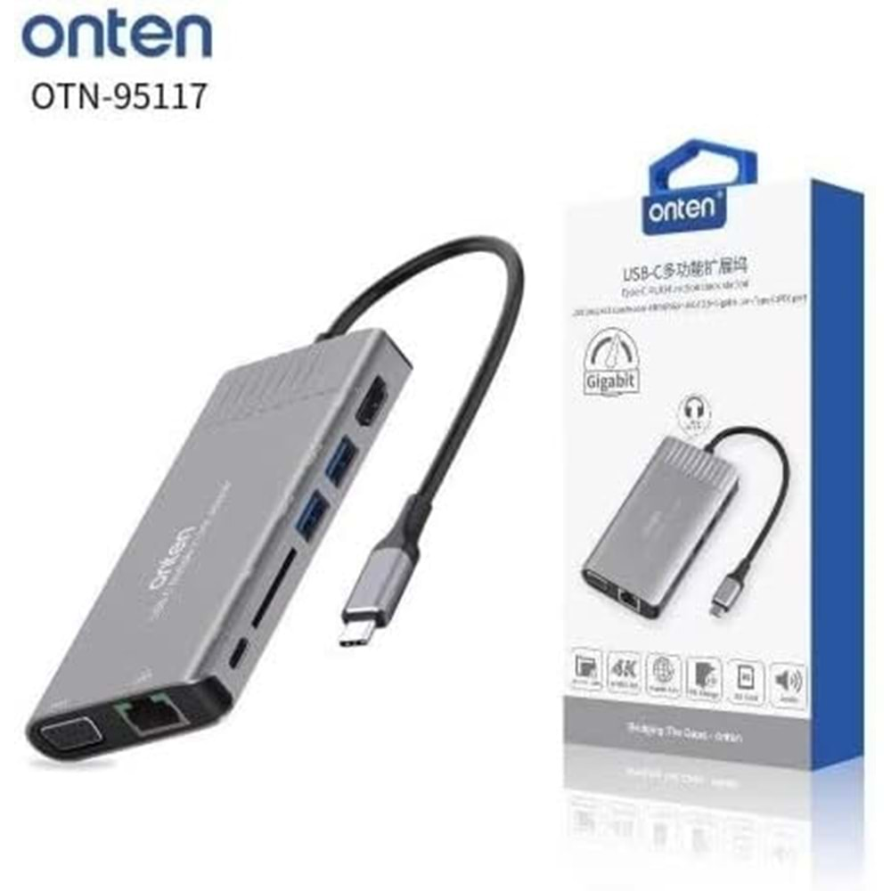 ONTEN OTN-95117 TYPE-C TO USB 3.0 x 2 SD/TF Card reader 4K HDMI / VGA Jack 3.5mm Gigabit Lan C (PD) 8İN1 Port