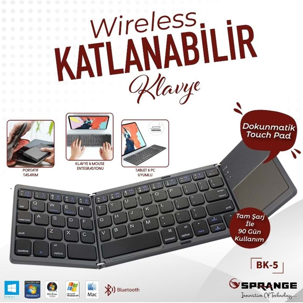 Sprange BK-5 Uyumlu Kablosuz Bluetooth TouchPad'li Şarj Edilebilir Katlanabilir Klavye