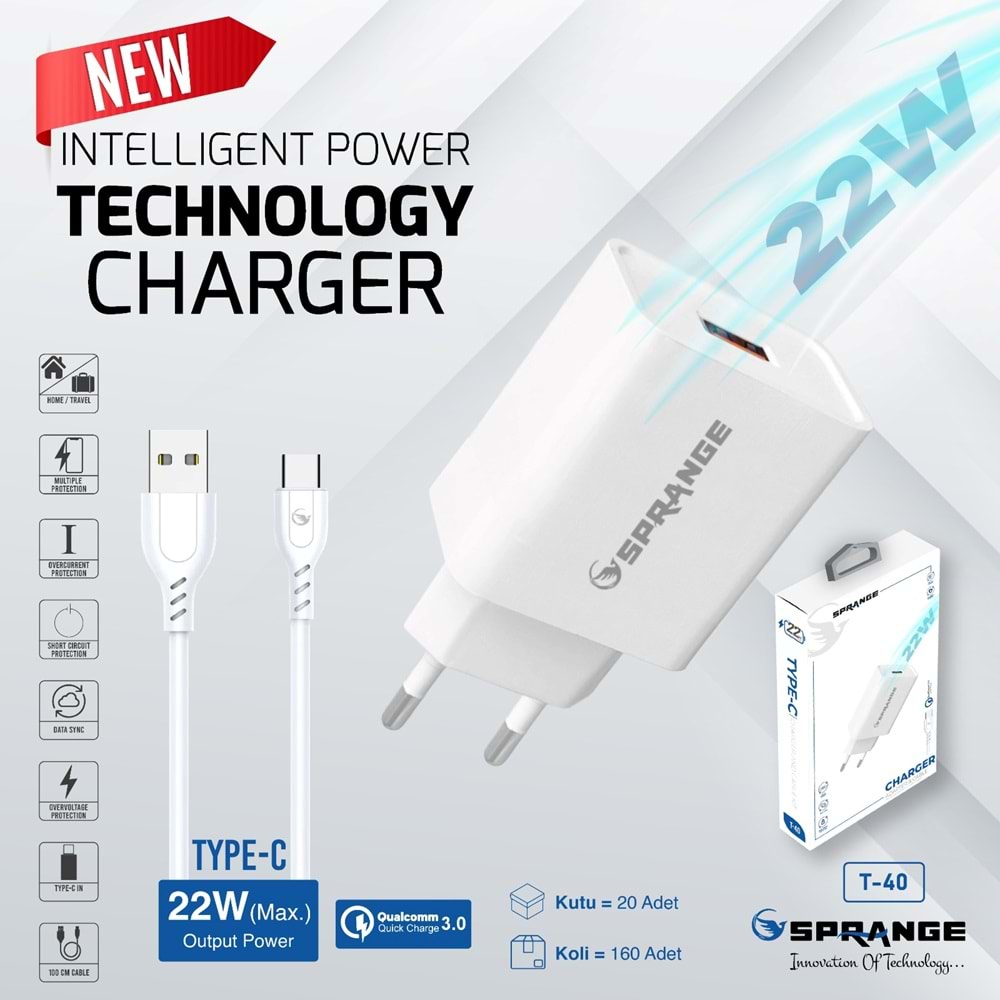 SPRANGE T-40 HIZLI ŞARJ 22W 5V4A QUİCK FAST CHARGE QUALCOMM TYPE-C ŞARJ ALETİ TAKIM