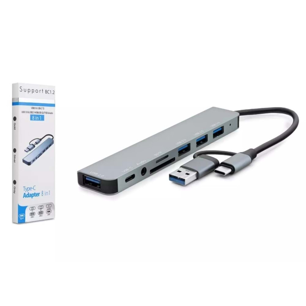 HADRON HDX7828 TYPE-C HUB COMBO 3*USB3.0 + USB + TYPE-C + AUDIO + SD + TF 8IN1
