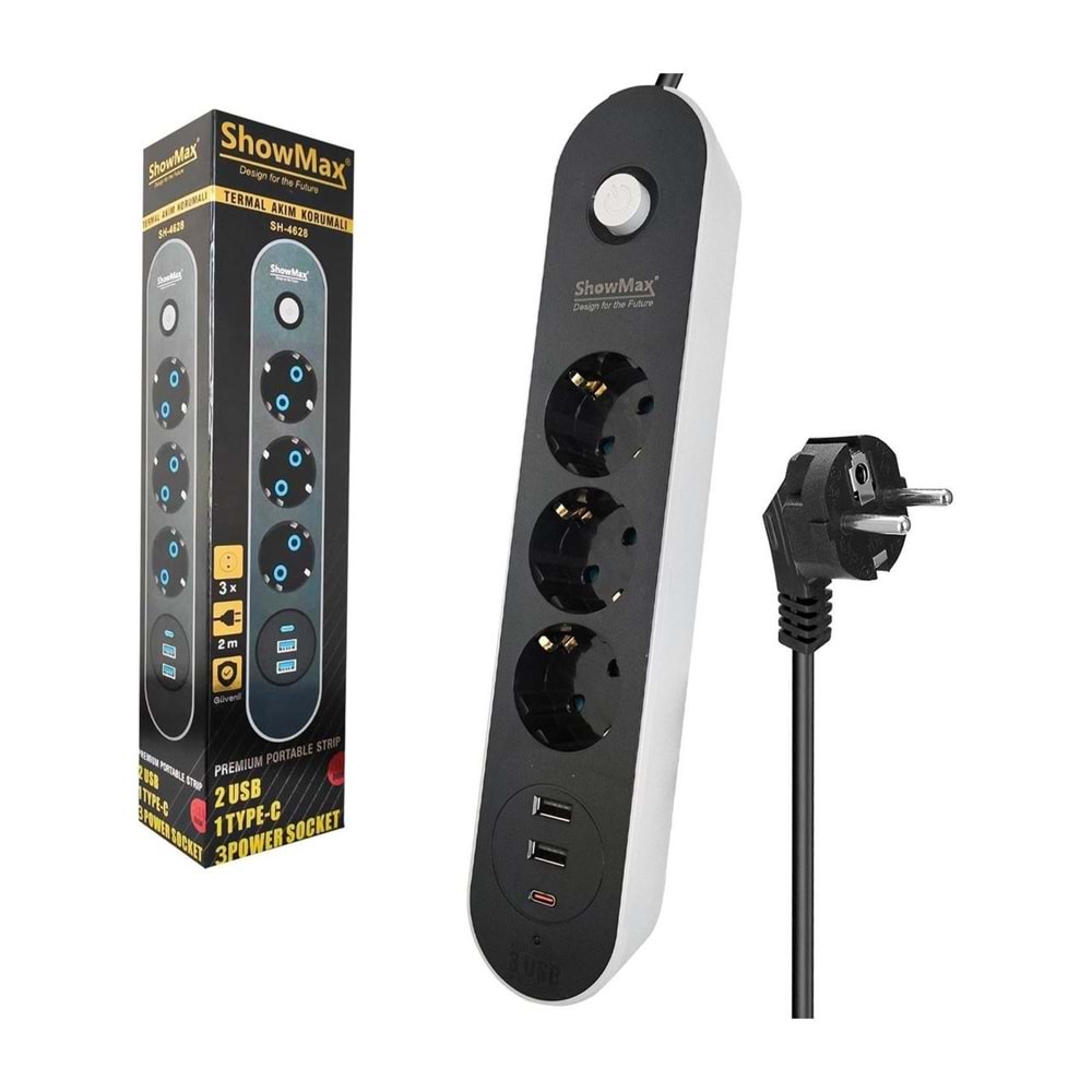SHOWMAX SH-4628 2XUSB + 1XTYPE-C 3.1A 3X PRİZ ANAHTARLI TERMAL AKIM KORUMALI PRİZ 2M KABLO
