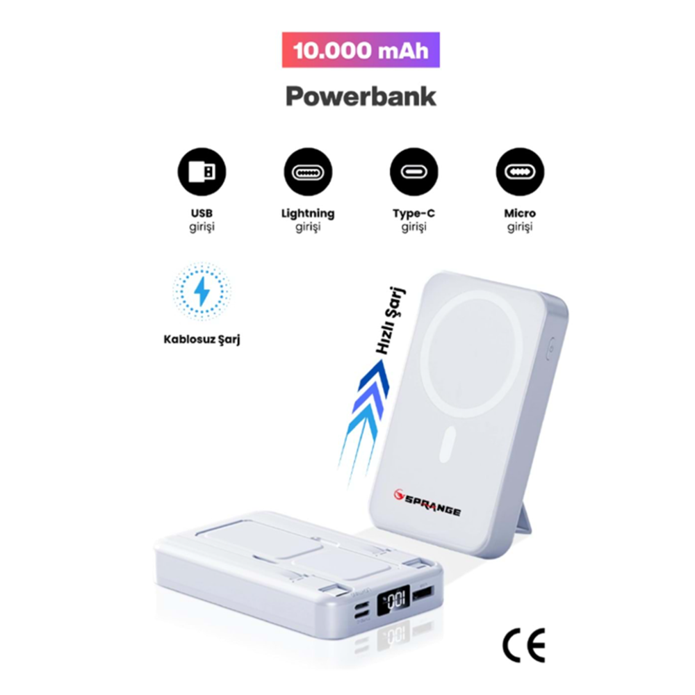 SPRANGE SR-P26M MAGSAFE WİRELESS 10000MAH 15W HIZLI ŞARJ 20W PD GÖSTERGELİ POWERBANK